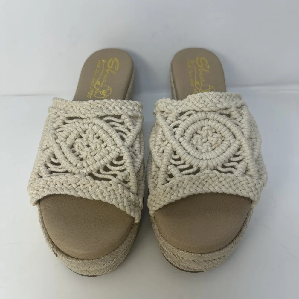 Sbicca Eureka‎ Macrame Wedge Sandals Beige Natural Boho Espadrille Slide Size 9